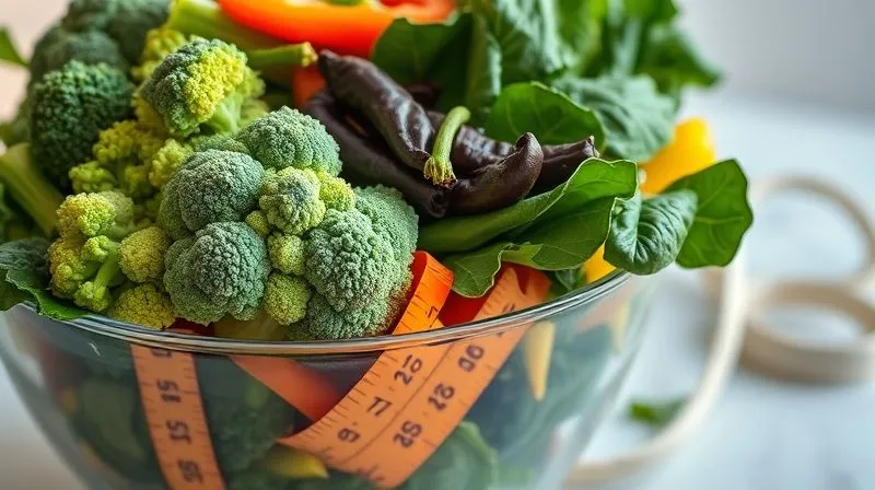 Photorealistic, professional photography, 8K, cinematic lighting, sharp focus on a vibrant, overflowing bowl of colorful, raw vegetables: broccoli florets, kale leaves, bell pepper strips, and spinach. A subtle measuring tape is visible in the soft-focus background, symbolizing the abundance of fiber for weight loss. Depth of field, shot on a high-end DSLR, natural light.