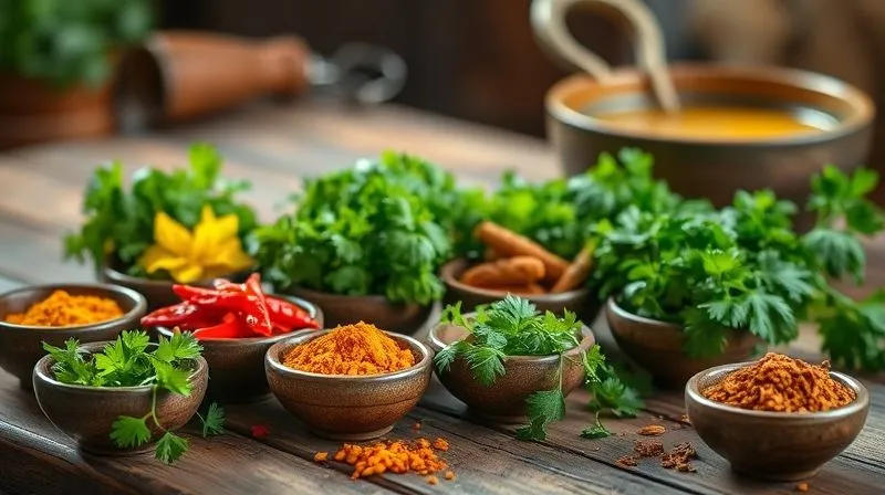 Photorealistic, professional photography, 8K, cinematic lighting, sharp focus on a rustic wooden table filled with an array of colorful, fresh herbs and vibrant spices in small bowls: bright green cilantro, deep red chili flakes, golden turmeric, and fragrant cumin seeds. Steam gently rises from a blurred vegan soup in the background. Depth of field, shot on a high-end DSLR, warm, inviting light.