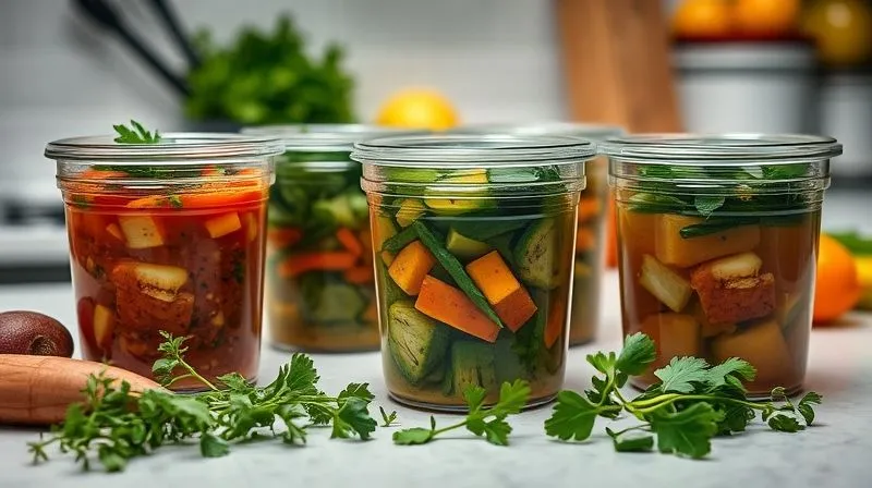 Photorealistic, professional photography, 8K, cinematic lighting, sharp focus on a neatly organized kitchen counter with several glass meal prep containers, each filled with a different, vibrant vegan vegetable soup. Fresh ingredients like herbs and vegetables are artfully arranged around them, suggesting health and efficiency. Depth of field, shot on a high-end DSLR, bright, clean light.
