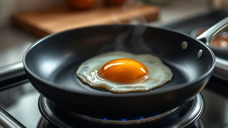 Photorealistic image of a single fried egg being carefully placed onto a hot, non-stick pan using only a tiny spray of olive oil, steam gently rising, cinematic lighting highlighting the perfect egg white and vibrant yolk, sharp focus, depth of field blurring kitchen background, 8K hyper-detailed, professional photography, shot on a high-end DSLR.