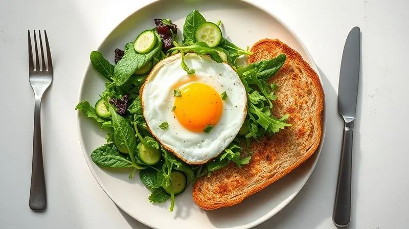 Photorealistic image of a perfectly composed dinner plate from a top-down view, showcasing the 80/20 rule: 80% of the plate filled with vibrant, fresh green salad (spinach, arugula, cucumber slices), and 20% with a single, perfectly fried egg and a small slice of whole-grain toast. Bright, natural lighting, sharp focus on all elements, professional food photography, 8K hyper-detailed, shot on a high-end DSLR.