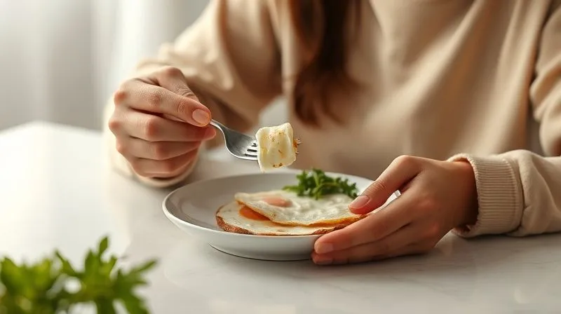Photorealistic image of a person sitting at a minimalist, clean dining table, gently holding a fork with a piece of healthy fried egg and greens, eyes closed slightly in a moment of mindful enjoyment. Soft, warm lighting, sharp focus on the person's hands and plate, with a peaceful, blurred background. The overall mood is calm and appreciative. Shot on a high-end DSLR, 8K hyper-detailed, professional photography.