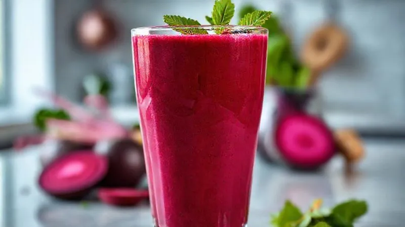 A photorealistic, professional photography, 8K, cinematic lighting, sharp focus, depth of field, shot on a high-end DSLR, of a vibrant, deep red beet smoothie in a stylish glass, garnished with fresh mint and a few small beet slices. The background is softly blurred, showing a modern, minimalist kitchen counter with fresh beets and other healthy ingredients like spinach and ginger, evoking a sense of healthy living and natural energy. The light is soft and inviting, highlighting the texture and color of the smoothie, creating an emotionally resonant image of wellness and vitality.