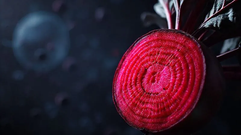 A photorealistic, professional photography, 8K, cinematic lighting, sharp focus, depth of field, shot on a high-end DSLR, of a cross-section of a vibrant red beet, showcasing its intricate internal structure, with a subtle glow emanating from within, symbolizing its powerful health benefits. The background is a dark, abstract representation of cellular activity, emphasizing scientific and metabolic processes.