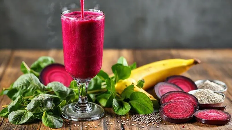 A photorealistic, professional photography, 8K, cinematic lighting, sharp focus, depth of field, shot on a high-end DSLR, of a vibrant beet smoothie being poured into a tall glass, with steam gently rising, suggesting freshness and warmth. Around the glass are artfully arranged fresh ingredients: cooked beet slices, spinach leaves, a banana, chia seeds, and a scoop of protein powder, all bathed in soft, natural light on a rustic wooden table.