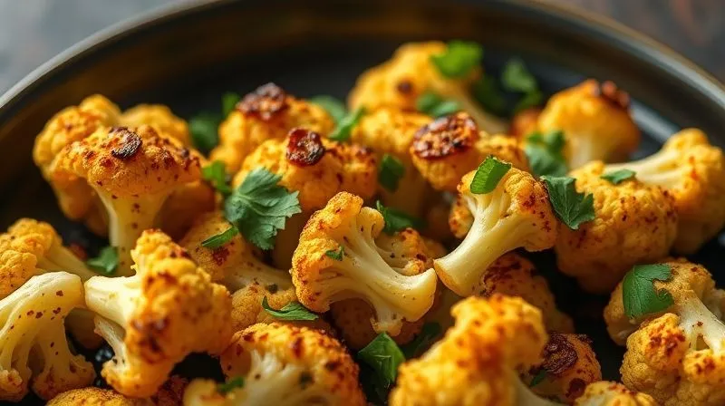 A close-up, photorealistic image of roasted cauliflower florets perfectly seasoned with smoked paprika, cumin, and fresh cilantro, glistening with olive oil, on a dark ceramic plate. Cinematic lighting emphasizes the texture and vibrant colors, making the food look incredibly appetizing. professional photography, 8K, sharp focus, depth of field, shot on a high-end DSLR.