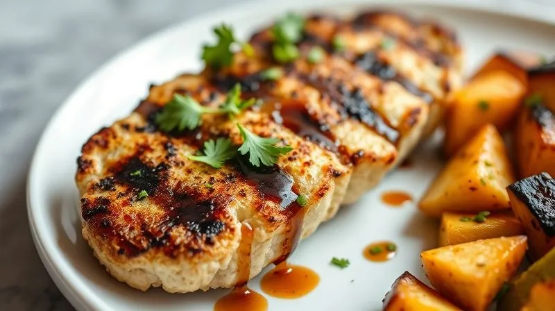 A vibrant, close-up shot of a thick, perfectly grilled cauliflower steak, beautifully charred with distinct grill marks, topped with fresh herbs like parsley and a drizzle of rich balsamic glaze. It's presented on a minimalist white plate with a side of colorful roasted vegetables. The scene is bright and inviting, showcasing healthy gourmet vegan cuisine. photorealistic, professional photography, 8K, cinematic lighting, sharp focus, depth of field, shot on a high-end DSLR.