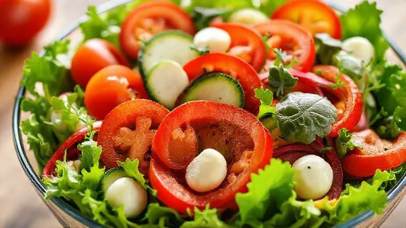 Photorealistic, professional photography of a vibrant, colorful salad bowl overflowing with fresh, crisp vegetables like cherry tomatoes, cucumber slices, various leafy greens (arugula, spinach), and thinly sliced red bell peppers, with a few small mozzarella balls peeking through. Cinematic lighting, sharp focus on the vegetables, depth of field. 8K hyper-detailed, shot on a high-end DSLR.