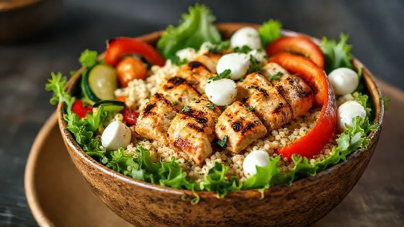 Photorealistic, professional photography of a healthy and colorful salad bowl featuring grilled chicken strips, fluffy quinoa, diced cucumber, red bell pepper, and small mozzarella balls, all resting on a bed of fresh arugula. The salad is drizzled with a light lemon-herb dressing. Cinematic lighting, sharp focus on the ingredients, depth of field. 8K hyper-detailed, shot on a high-end DSLR.