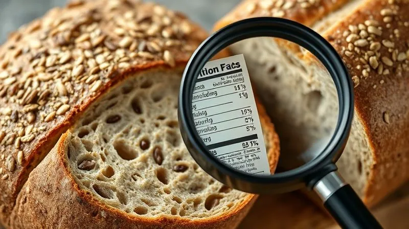 Photorealistic close-up of a rustic whole-grain bread loaf with visible seeds and grains, next to a magnifying glass over a nutrition label, cinematic lighting, sharp focus, depth of field, 8K.