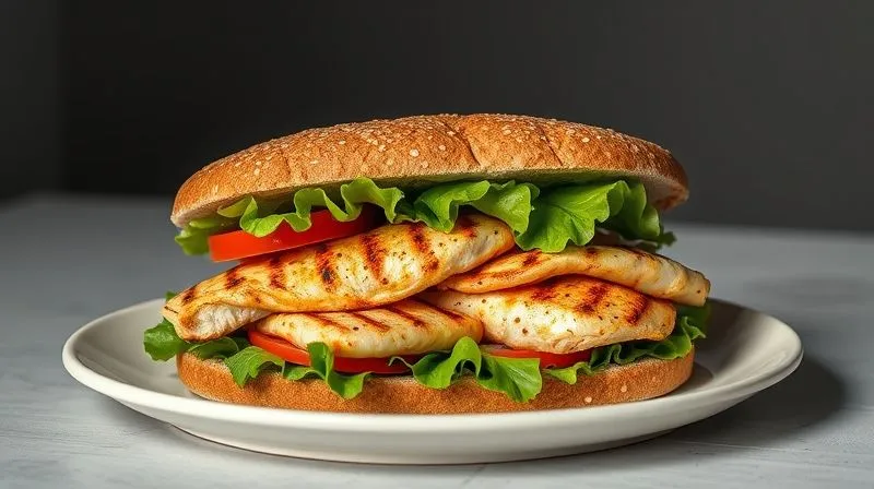 Photorealistic image of a perfectly assembled, colorful whole-grain sandwich with grilled chicken, fresh lettuce, tomato, and a drizzle of olive oil, on a minimalist plate, professional food photography, 8K, cinematic lighting.
