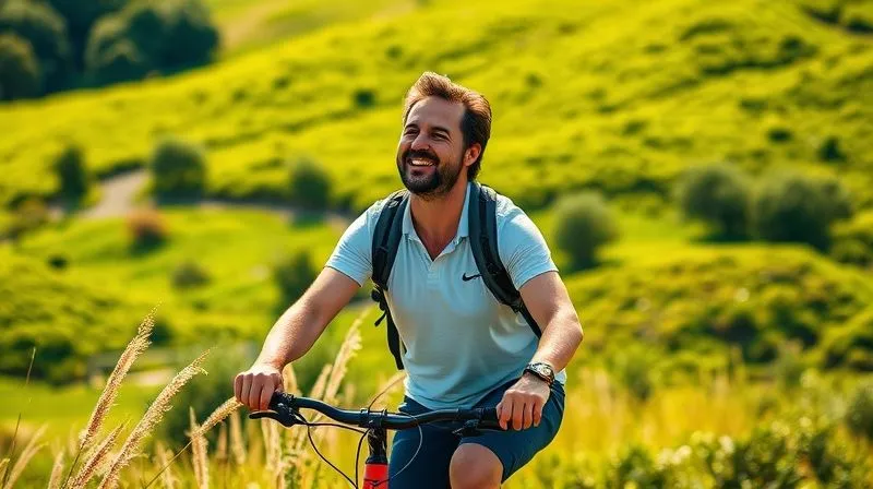 Photorealistic image of a person enjoying a healthy outdoor activity like cycling or hiking, with a vibrant green landscape in the background, symbolizing vitality and well-being, 8K, cinematic lighting.