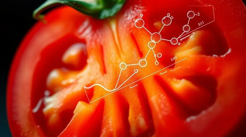 Photorealistic, professional photography, 8K, cinematic lighting, sharp focus, depth of field, shot on a high-end DSLR. A cross-section of a vibrant red tomato, showing its rich internal structure, with subtle, glowing scientific data overlays (graphs, molecular structures) illustrating antioxidant levels and metabolic pathways. The image conveys both natural beauty and scientific efficacy, highlighting the power of natural ingredients.