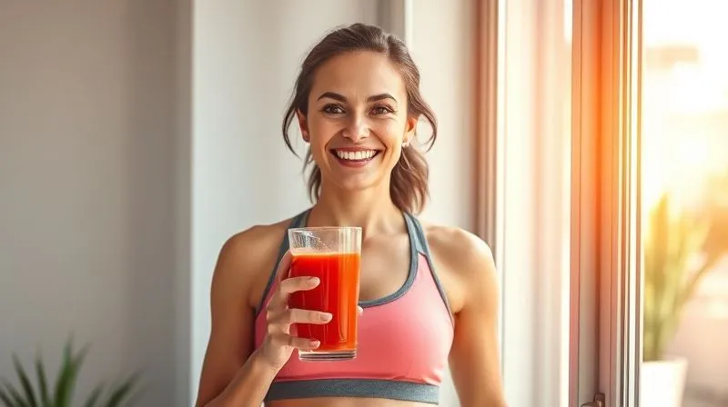 Photorealistic, professional photography, 8K, cinematic lighting, sharp focus, depth of field, shot on a high-end DSLR. A happy, energetic woman (around 30-40 years old) in activewear, smiling and holding a glass of fresh tomato juice, standing by a sunlit window. The scene conveys health, vitality, and successful weight management, with a subtle glow of well-being, emphasizing natural results.