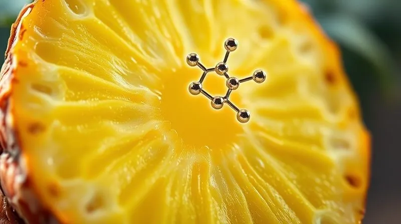 Photorealistic close-up of a fresh, ripe pineapple, cut in half, revealing its juicy yellow flesh. A small, stylized representation of an enzyme molecule hovers above it, with subtle glowing lines indicating metabolic processes. Cinematic lighting, sharp focus, depth of field, 8K hyper-detailed, professional photography, shot on a high-end DSLR.