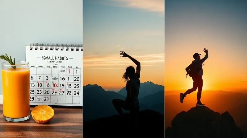 A photorealistic image showing a sequence of small, healthy habits leading to a larger fitness goal. On the left, a vibrant pineapple smoothie glass is placed next to a calendar marked with consistent daily entries. In the middle, a person is doing a light morning stretch. On the right, a silhouette of a person confidently reaching a mountain peak at sunrise. The overall mood is uplifting and progressive. Cinematic lighting, sharp focus, depth of field, 8K hyper-detailed, professional photography, shot on a high-end DSLR.