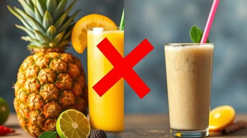 A photorealistic image of a split screen. On the left, a vibrant, healthy pineapple smoothie with fresh ingredients, representing success. On the right, a murky, overly sweet smoothie with artificial ingredients, representing common mistakes. A red 'X' hovers over the right side, and a green checkmark over the left. Cinematic lighting, sharp focus, depth of field, 8K hyper-detailed, professional photography, shot on a high-end DSLR.