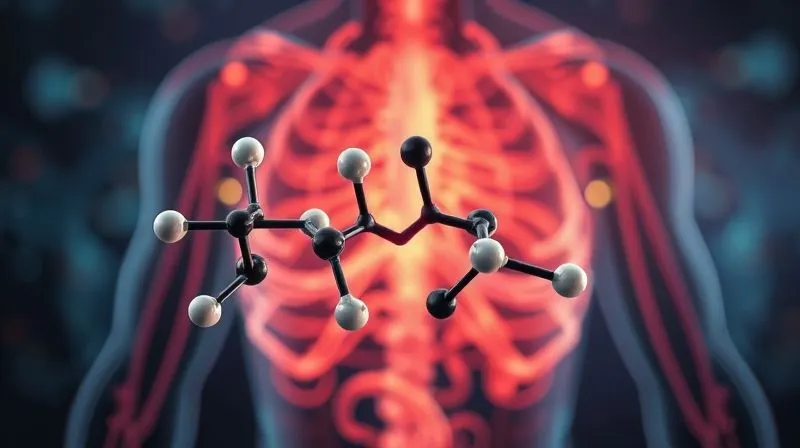 Photorealistic, professional photography of a molecular structure of Medium-Chain Triglycerides (MCTs) overlaid on a blurred background of a human body with metabolic pathways highlighted. Cinematic lighting, sharp focus on the molecular structure, depth of field blurring the background. 8K hyper-detailed, shot on a high-end DSLR.