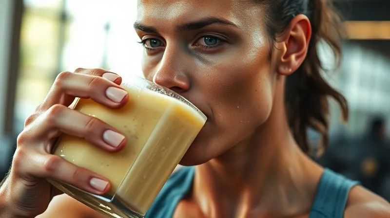 Photorealistic, professional photography of a person drinking a vibrant coconut smoothie after an intense workout, sweat glistening on their skin, conveying refreshment and energy. The background is a modern gym or an outdoor fitness setting with soft, natural light. Cinematic lighting, sharp focus on the person's face and the glass, depth of field blurring the background. 8K hyper-detailed, shot on a high-end DSLR.