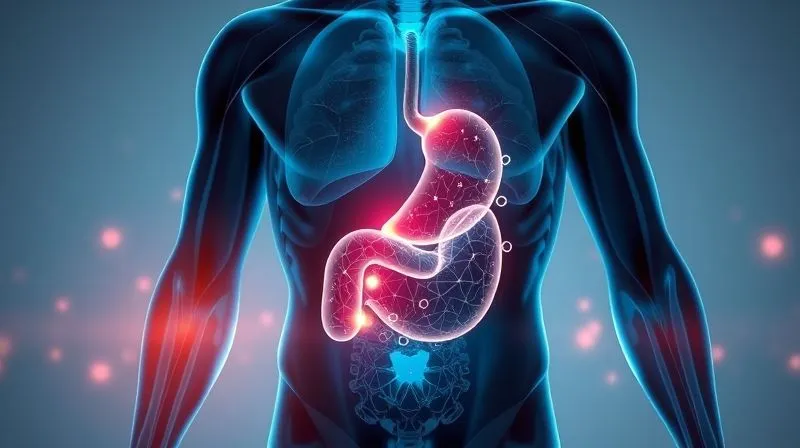 photorealistic, professional photography, 8K, cinematic lighting, sharp focus, depth of field, shot on a high-end DSLR. A graphic showing a human body with glowing areas representing metabolism, with an emphasis on the stomach and muscles, surrounded by protein molecules. The background is clean and scientific, with subtle data visualizations.