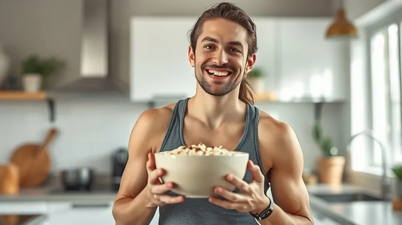 photorealistic, professional photography, 8K, cinematic lighting, sharp focus, depth of field, shot on a high-end DSLR. A person, smiling and energized, holding a bowl of healthy protein oatmeal. The background is a bright, modern kitchen with natural light, emphasizing a fresh start to the day. The person appears fit and happy.