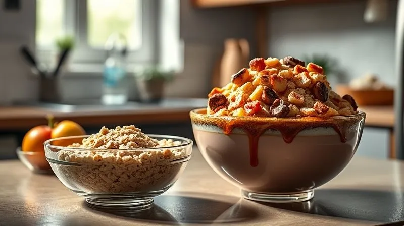 photorealistic, professional photography, 8K, cinematic lighting, sharp focus, depth of field, shot on a high-end DSLR. A kitchen scene depicting common mistakes in meal preparation. A healthy bowl of oatmeal is contrasted with a similar bowl overloaded with sugar, syrup, and excessive toppings, casting a shadow over the healthy option. The lighting is dramatic, highlighting the 'trap' elements.