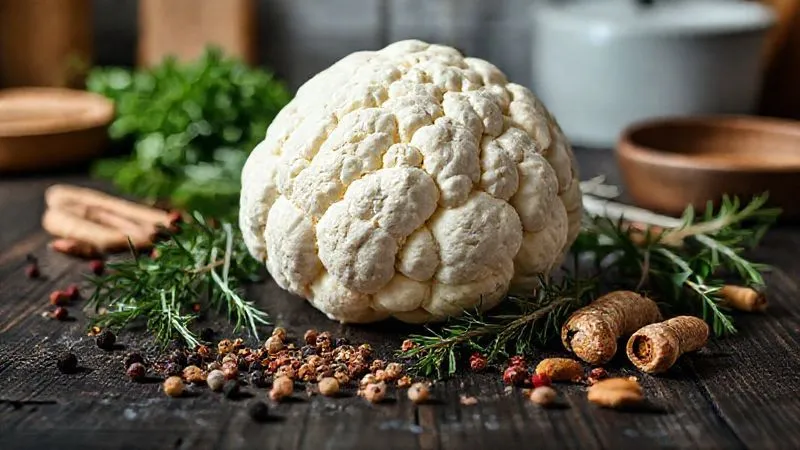 A photorealistic, professional photography shot of a perfectly formed, white cauliflower head sitting on a dark, rustic wooden table. Around it, various fresh herbs like rosemary and thyme, and whole spices like peppercorns and turmeric roots are scattered. The lighting is cinematic, highlighting the texture of the cauliflower. Sharp focus on the vegetable, with a blurred background of a healthy kitchen setting. 8K hyper-detailed, shot on a high-end DSLR.