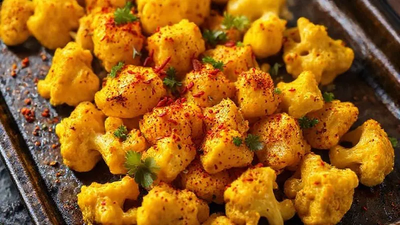 A vibrant, photorealistic image of roasted cauliflower florets generously sprinkled with bright yellow turmeric, red cayenne pepper flakes, and fresh green parsley. The cauliflower is on a dark, rustic baking tray, with steam gently rising. Professional photography, cinematic lighting emphasizing the colors and textures, sharp focus on the spices, depth of field blurring the background. 8K hyper-detailed, shot on a high-end DSLR.