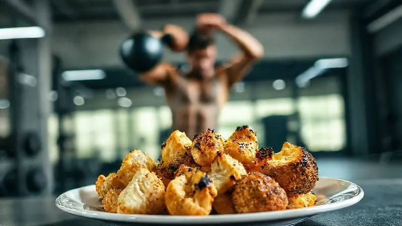 A dynamic, photorealistic image of a person performing a kettlebell swing in a modern, well-lit gym, demonstrating strength and vitality. In the foreground, slightly blurred, a plate of healthy, roasted cauliflower and lean protein, symbolizing the synergy of diet and exercise. Cinematic lighting, sharp focus on the person, depth of field blurring the food and background. 8K hyper-detailed, professional photography, shot on a high-end DSLR.
