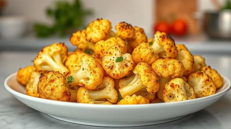 A photorealistic, professional photography image of a vibrant, perfectly roasted cauliflower florets seasoned with various spices, served on a modern, minimalist white plate. The background is a soft, warm blur of a healthy kitchen setting. Cinematic lighting highlights the textures and colors of the cauliflower. Sharp focus on the food, depth of field blurring the background. 8K hyper-detailed, shot on a high-end DSLR, conveying health and deliciousness.