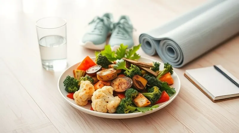 A photorealistic, professional photography image depicting a harmonious blend of healthy lifestyle elements: a plate of vibrant roasted vegetables (including cauliflower), a glass of water, a pair of running shoes, a yoga mat, and a journal, all arranged on a light wooden table with soft, natural light filtering in. Cinematic lighting, sharp focus on the foreground elements, depth of field blurring the background. 8K hyper-detailed, shot on a high-end DSLR, conveying balance and holistic wellness.