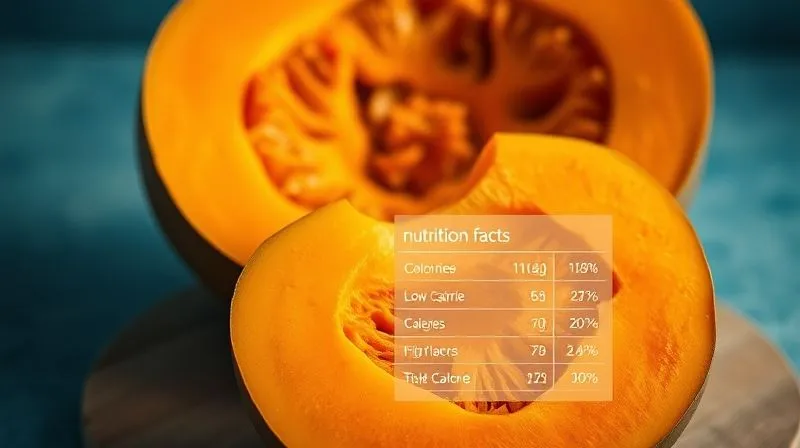 A photorealistic, professional photography, 8K, cinematic lighting, sharp focus, depth of field, shot on a high-end DSLR image of a perfectly sliced, vibrant orange pumpkin with a 'nutritional facts' overlay subtly integrated into the background, showcasing its low calorie and high fiber content. The lighting emphasizes the freshness and rich color of the pumpkin, making it look appealing and healthy.