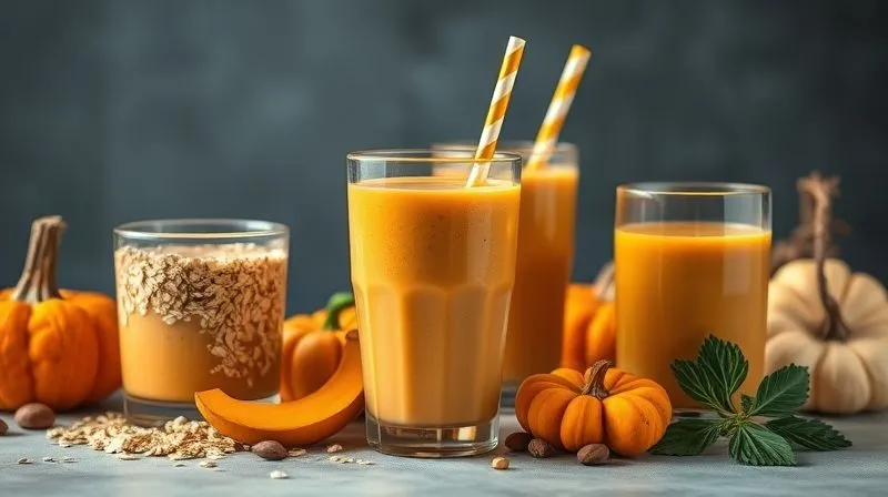 A photorealistic, professional photography, 8K, cinematic lighting, sharp focus, depth of field, shot on a high-end DSLR image featuring three distinct, beautifully presented pumpkin smoothies. One in a breakfast setting with oats, another post-workout with protein powder visible, and a third in a calming evening setting. Each smoothie is in a different stylish glass, with ingredients arranged artfully around it, emphasizing variety and specific benefits. The lighting is warm and inviting.