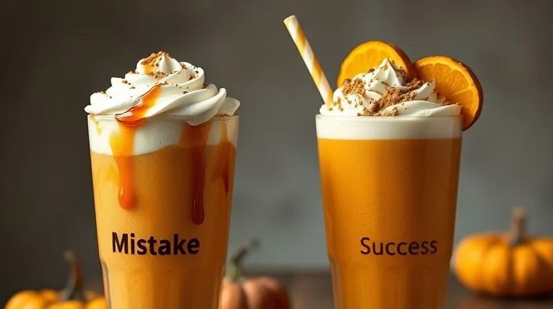 A photorealistic, professional photography, 8K, cinematic lighting, sharp focus, depth of field, shot on a high-end DSLR image depicting two contrasting pumpkin smoothies. One, labeled 'Mistake', is overflowing with sugary syrups, whipped cream, and excessive toppings, looking overly sweet and indulgent. The other, labeled 'Success', is clean, minimalist, with fresh, healthy ingredients and a balanced appearance. The lighting highlights the difference, creating a clear visual distinction between a healthy and an unhealthy choice.