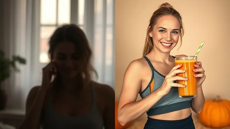 A photorealistic, professional photography, 8K, cinematic lighting, sharp focus, depth of field, shot on a high-end DSLR image of a woman (Ewa) in two stages: on the left, a slightly blurred silhouette of her looking tired and less active; on the right, a sharp, vibrant image of her smiling, energetic, holding a pumpkin smoothie, possibly in activewear, with a subtle background suggesting a healthy lifestyle and confidence. The transition implies transformation and success.