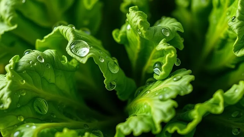 Photorealistic close-up of fresh, vibrant green kale leaves with water droplets, emphasizing their natural goodness and freshness, cinematic lighting, sharp focus, depth of field, 8K, professional photography, shot on a high-end DSLR.