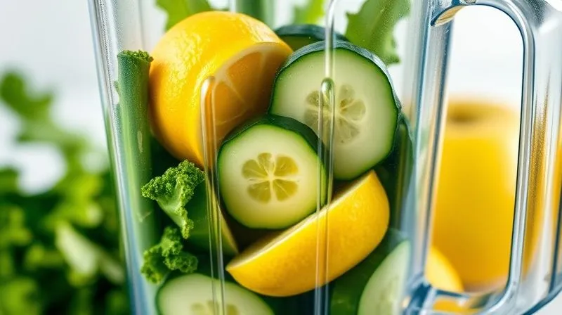 A photorealistic image of a blender filled with fresh kale, cucumber, ginger, lemon, and a green apple, mid-blend, vibrant colors, dynamic motion blur on the blades, professional photography, 8K, cinematic lighting, sharp focus, depth of field, shot on a high-end DSLR.