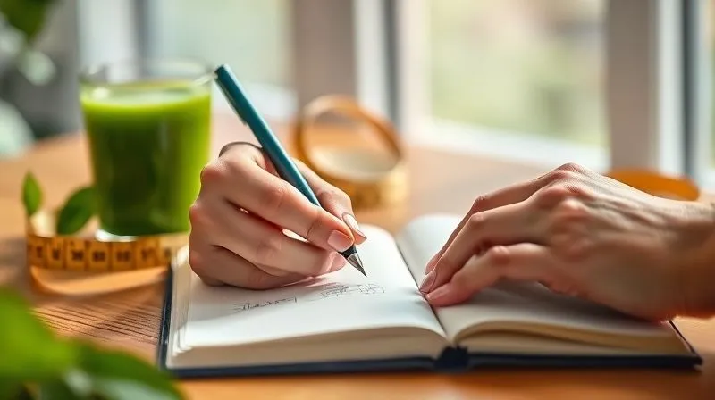 A photorealistic image of a woman's hand holding a pen, making notes in a health journal, with a glass of green juice and a measuring tape in the background, all bathed in soft, natural light, professional photography, 8K, cinematic lighting, sharp focus, depth of field, shot on a high-end DSLR.