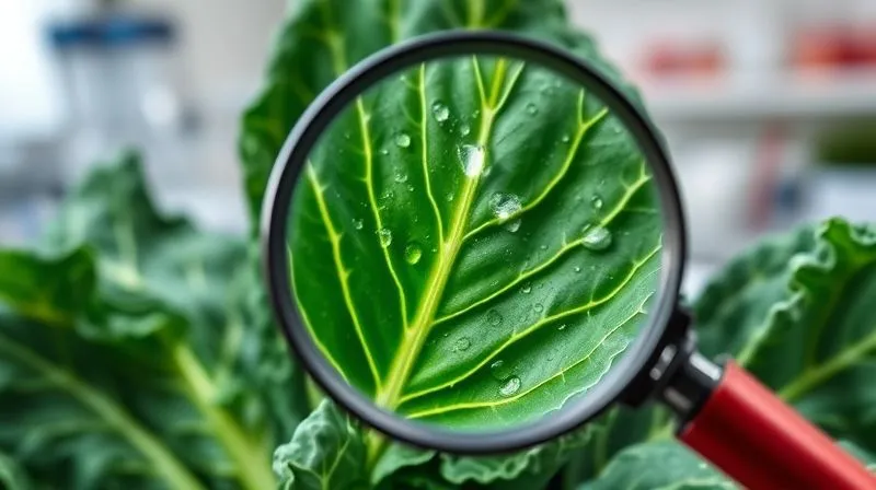 photorealistic, professional photography, 8K, cinematic lighting, sharp focus, depth of field, shot on a high-end DSLR, a vibrant green kale leaf with water droplets, magnifying glass highlighting its cellular structure, representing its rich nutrient profile and scientific benefits, laboratory setting in soft focus background.