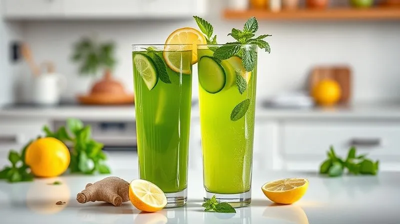 photorealistic, professional photography, 8K, cinematic lighting, sharp focus, depth of field, shot on a high-end DSLR, two tall glasses of vibrant green juice, one with ginger and lemon slices, the other with cucumber, apple, and mint leaves, on a clean white kitchen counter, bright natural light, fresh ingredients scattered around.
