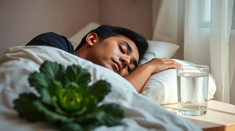 photorealistic, professional photography, 8K, cinematic lighting, sharp focus, depth of field, shot on a high-end DSLR, a person sleeping peacefully in a minimalist, serene bedroom, soft morning light, a glass of water and a kale leaf on the bedside table, symbolizing holistic health and rest.