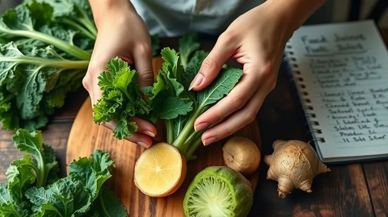 photorealistic, professional photography, 8K, cinematic lighting, sharp focus, depth of field, shot on a high-end DSLR, an expert nutritionist's hands carefully selecting fresh kale leaves and ginger, preparing ingredients for a juice, a notebook with handwritten notes on healthy recipes in the background, a sense of precision and expertise.