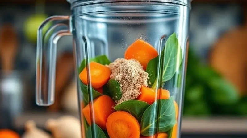 A close-up, photorealistic shot of a blender jar filled with vibrant orange carrot pieces, fresh ginger, a scoop of protein powder, and green spinach leaves, mid-blend, creating a swirling vortex of healthy ingredients. Cinematic lighting, sharp focus on the blending action, depth of field blurring the kitchen background. professional photography, 8K, shot on a high-end DSLR.