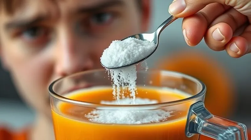 A photorealistic close-up of a hand adding a spoonful of granulated sugar into a blender filled with a vibrant orange smoothie, with a subtle sense of regret or mistake on the face in the background. Cinematic lighting, sharp focus on the sugar, depth of field blurring the background. professional photography, 8K, shot on a high-end DSLR.