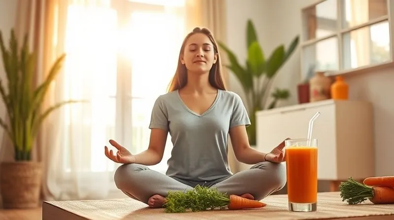 A serene, photorealistic image of a person meditating calmly in a sunlit room, with a glass of carrot smoothie on a nearby table, symbolizing holistic well-being and stress reduction as part of a healthy lifestyle. professional photography, 8K, cinematic lighting, sharp focus on the person, depth of field blurring the background. shot on a high-end DSLR.