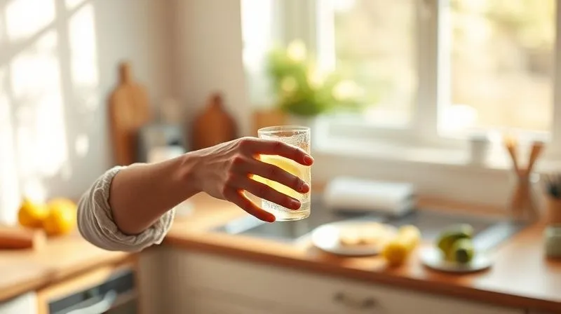 Photorealistic image of a person stretching gently in a sunlit kitchen, holding a glass of lemon water, with a blurred background of a healthy breakfast, conveying a sense of calm, health, and morning routine. professional photography, 8K, cinematic lighting, sharp focus, depth of field, shot on a high-end DSLR.