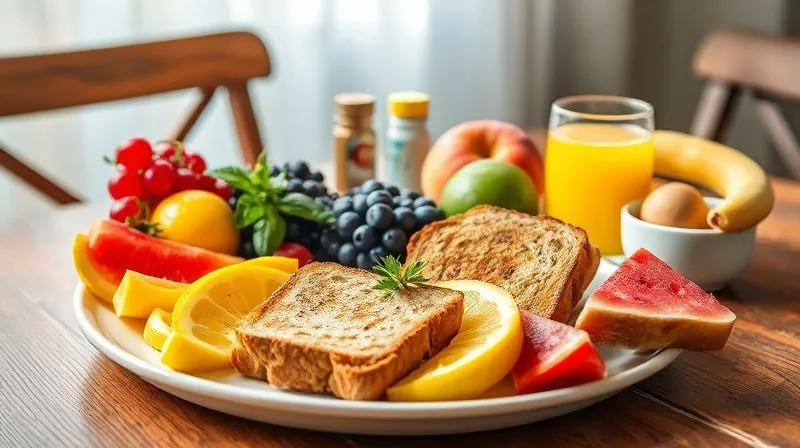 Photorealistic image of a vibrant, healthy breakfast spread on a wooden table, featuring fresh fruits, whole-grain toast, a glass of lemon water, and a small green plant, with soft, natural light, conveying a sense of wellness and balance. professional photography, 8K, cinematic lighting, sharp focus, depth of field, shot on a high-end DSLR.