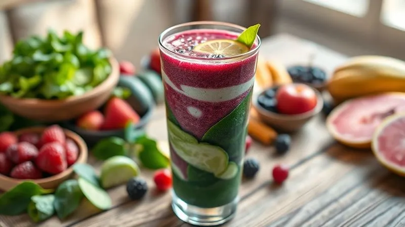 Photorealistic, professional photography, 8K, cinematic lighting, sharp focus, depth of field, shot on a high-end DSLR. A vibrant, colorful smoothie in a tall glass, with distinct layers or swirls of green (spinach/kale), purple (berries), and white (yogurt/protein powder). Fresh ginger slices and chia seeds are visible on top. The background is a rustic wooden table with scattered fresh fruits and vegetables, evoking health and natural ingredients. A gentle morning light illuminates the scene, creating a fresh and inviting atmosphere.