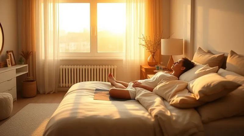 Photorealistic, professional photography, 8K, cinematic lighting, sharp focus, depth of field, shot on a high-end DSLR. A serene and calm bedroom scene bathed in soft, warm morning light. A person is peacefully meditating on a yoga mat near a window, or sleeping soundly in a cozy bed. The atmosphere is tranquil and evokes a sense of well-being, stress reduction, and healthy habits. Focus on the feeling of peace and restorative rest.
