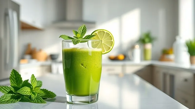 Photorealistic, professional photography, 8K, cinematic lighting, sharp focus, depth of field, shot on a high-end DSLR. A vibrant, visually appealing green smoothie in a stylish glass, garnished with a slice of lime and a mint leaf. The background is blurred, showcasing a clean, bright kitchen environment with natural light. The focus is sharp on the smoothie, highlighting its fresh and healthy appeal, evoking a sense of vitality and natural goodness.